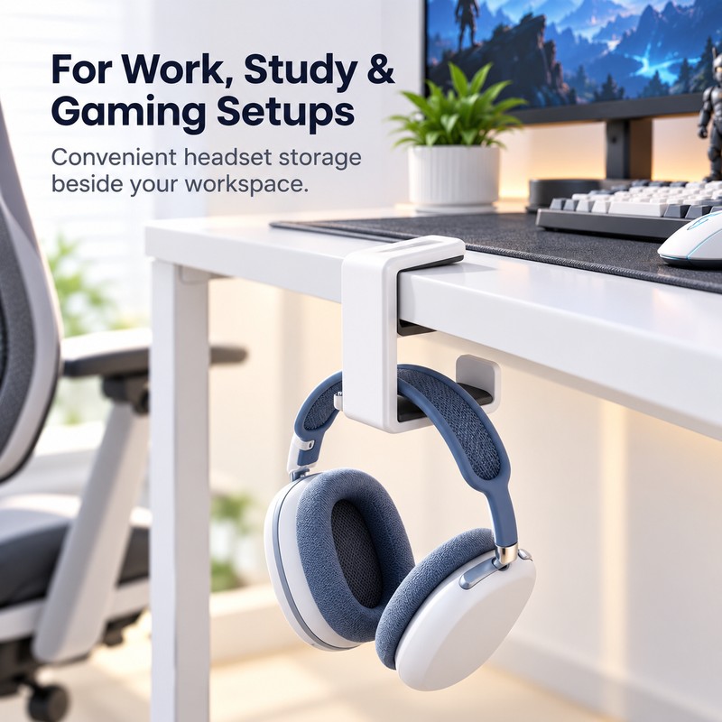 Rotating Headphone Holder for Desk – No-Punch Plastic Headset Hook