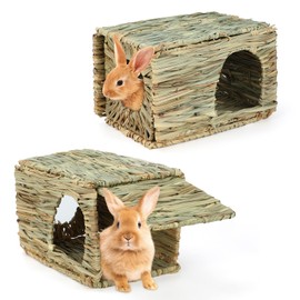 BWOGUE 2 Pack Grass Bunny House Natural Hand Woven Seagrass Hideaway Toy Hay Mat Chew Hut for Bunny Hamster Chinchilla Guinea Pigs Small Animals