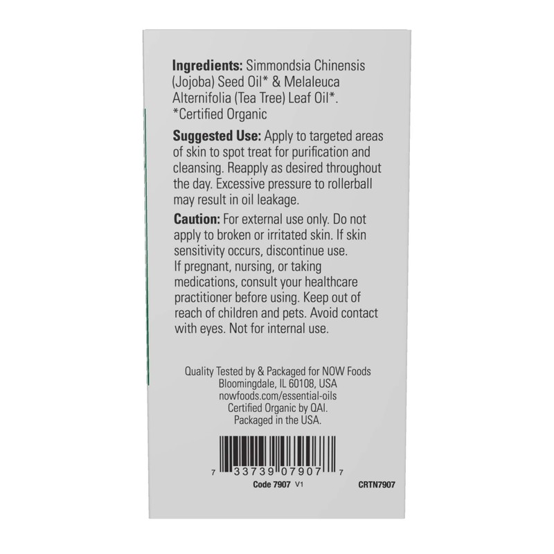 NOW Essential Oils, Tea Tree Roll-On, Certified Organic, Purifying Blend,