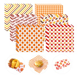 480Pcs Wax Paper Dry Waxed Deli Paper Sheet 12x12 inch Sandwich Wrap Pumpkin Maple Leaf Checkered Parchment Papers Food Basket Liners for Home Kitchen Picnic Party
