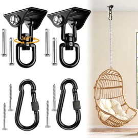 Supkiir 2 Set Hammock Hanging Kit, 360°Rotating Swing Hook, 1200 Lbs Capacity Heavy Duty Black Swing Hanger Hardware for Hanging Hammock Swings Aerial Yoga Boxing Sandbag on Wooden Concrete Ceiling