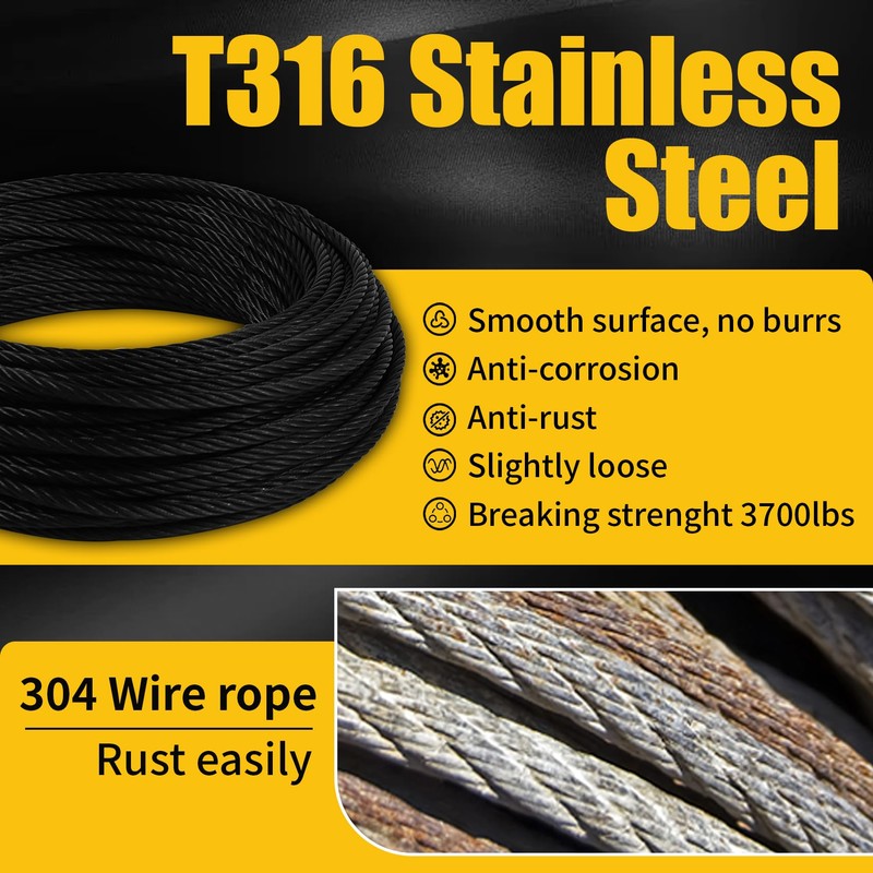 T316 Black 3/16IN Stainless Steel Cable, 100ft Wire Rope, 7X19