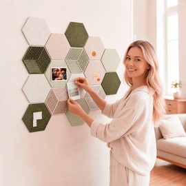 FOCHIER F 16PC Hexagon Cork Boards for Walls Decor,7X 6 inch Felt Bulletin Board Tiles Sets for Home Office Class Kitchen with 50 Push Pins,Self Adhesive DIY Pin Board for Photos Memos (Brown-16PCS)