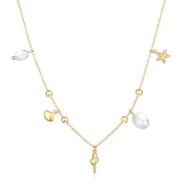 Gold Seashell Pendant Necklace for Women 14K Gold Plated Boho Beach Pearl Starfish Necklaces Summer Charm Necklace Jewelry Gifts (Gold starfish style)