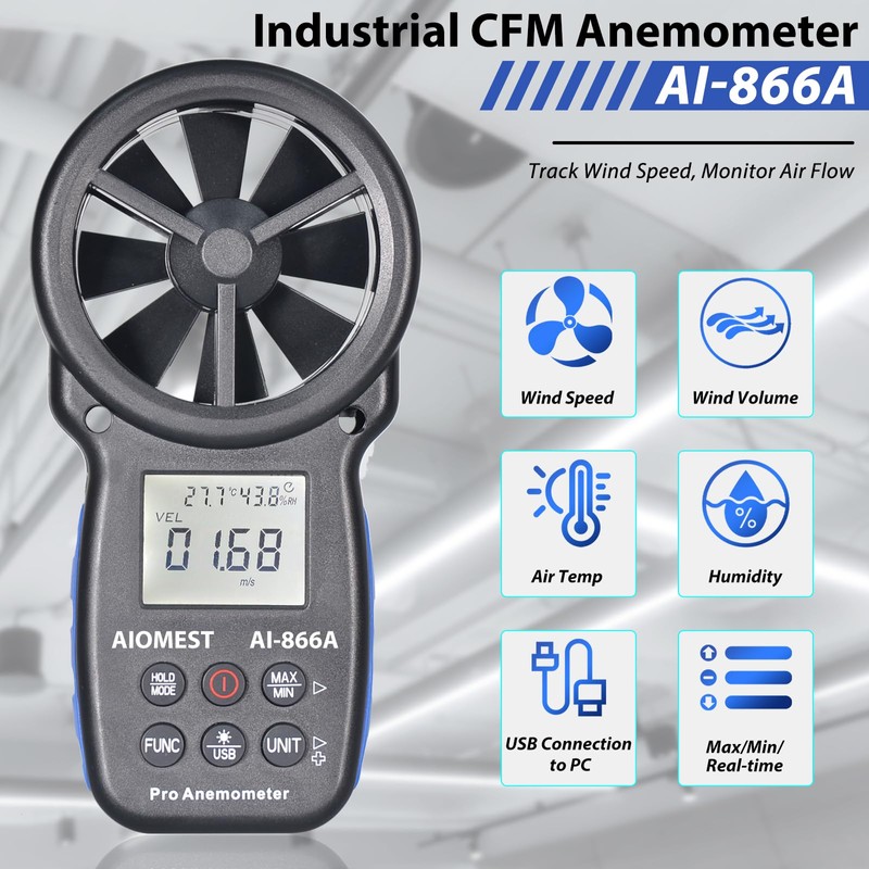 AIOMEST Wind Gauge, Digital Anemometer Wind Meter Hand Held, AI-866A