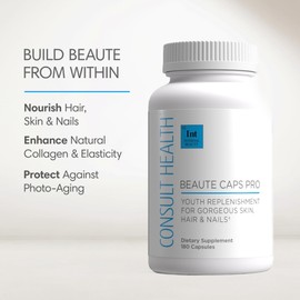 Consult Health Beaute Caps Pro - Supports Hair Growth, Skin & Nail Health - Collagen, Vitamins B6, B7,B12, D & 10,500 mcg Biotin - MSM, Blood Orange - Anti-Aging - USA Made - Women & Men 60 Capsules