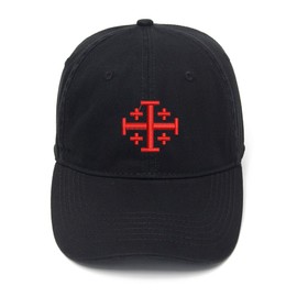Jerusalem Cross Embroidered Mens Baseball Cap Cotton Washed Baseball Hat (Black)