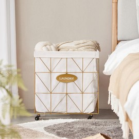 Mxfurhawa Laundry Hamper,Collapsible Laundry Basket Large Capacity Metal Laundry Hamper with Removable Liner, Rolling Wheels and Collapsible Design for Clothes Storage and Organization (210L GOLD)