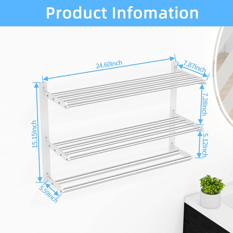 KLJKPA 24 Inch Towel Racks for Bathroom Wall-Mount, 3-Tier, Brushed