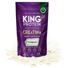 KING Protein Creatina Monohidratada 100% Pura Sin Sabor | 5g por porción | Vegana y sin azúcar | Polvo de Creatina Monohidratada Creapure® con scoop incluido | Bolsa de 300g, 60 porciones