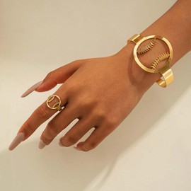 Gold Cuff Bracelets for Women Dainty Bangle Bracelet Gold Pearl Bracelet Ring Jewelry Set Gift