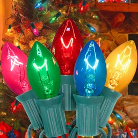 50Ft Multicolor C7 Vintage Christmas Lights String Colored Christmas Tree Lights with 50 Pack E12 Color Bulbs, for Light up Christmas Tree Home Stair Yard Indoor Outdoor Christmas Decorations, 5W