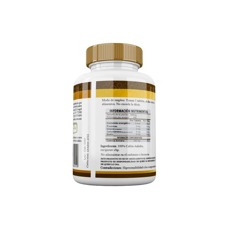 Cafeina Anhidra Premium 100 Servicios 100 Tabs 200mg Sabor Natural