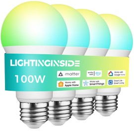 Lightinginside Matter Smart Light Bulbs 100W Equiv, Compatible with Alexa/Apple Home/Siri/Google Home/SmartThings, A19 E26 WiFi RGBCW Color Changing Light Bulb, 11W 1350LM, 2.4G WiFi, ETL Listed, 4PCS