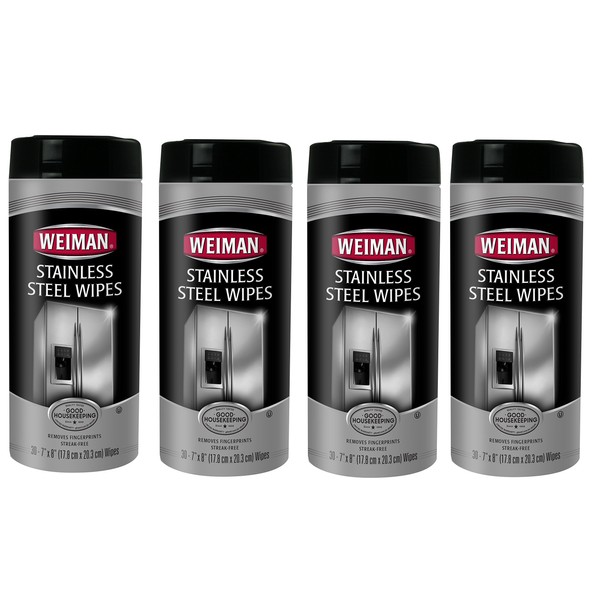 Weiman 92Ct Stainless Steel Wipes, 7 X 8, 30/Canister, 4 Canisters/Carton