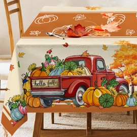 JNDJE - Mantel de otoño de 60 x 104 pulgadas, decoración de otoño, mantel de gnomos para camión rojo rectangular, decoración de otoño naranja, manteles de calabaza, poliéster clásico para picnic