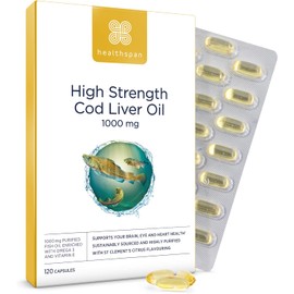 Healthspan Cod Liver Oil 1,000mg (120 Capsules) | Rich in Omega 3 Fatty Acids DHA & EPA | Brain, Eyes & Heart Health | Vitamin A & D3 | Vision, Bones, Teeth & Immune | Sustainably Sourced