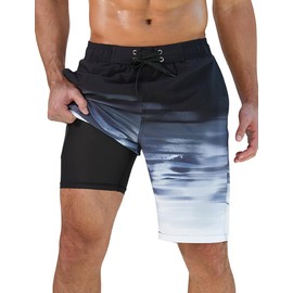 SILKWORLD Mens Swim Trunks with Compression Liner 10" Swim Shorts Quick Dry Bathing Suit Swimming Trunks Zipper Pockets, (Black & Gray Gradient), 34