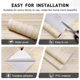 Qianglive Bamboo Wallpaper Peel and Stick - 17.3”x480” Realistic Wood Slat Texture, Self-Adhesive Vinyl for Accent Wall, Bathroom, Spa Room, Natural Decor, Waterproof & Easy Install Beige