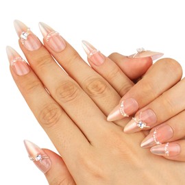 Handmade Press on Nails with Glue Handcraft Shimmery Pink Tips with Pearl Edging & 3D Crystal Butterfly, Medium Almond Shape 10pcs (Butterfly Whisper - M)