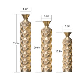 Set of 3 Floor Vase, Metal Decorative Vase Gold Vases Distress Vases 33.5", 29.5", 25.2" for Home Decor 3D Triangle Pattern Center Vase
