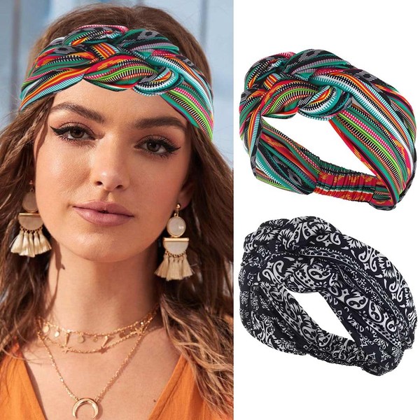 Zoestar Boho Headbands, Wide Twisted Headbands, Knotted Turban Hair Bands, Stylish Printed Hair Scarves for Women and Girls (Pack of 2) (B)