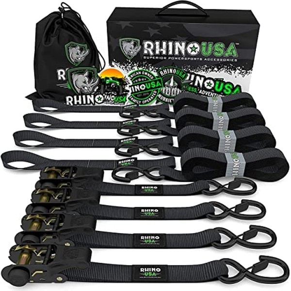 Rhino USA Ratchet Tie Down Straps (4PK) - 1,823lb Guaranteed Max Break Strength, Includes (4) Premium 1" x 15' Rachet Tie Downs with Padded Handles. Best for Moving, Securing Cargo (Black 4-Pack)