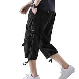 AOYOG Men’s Cargo Shorts 3/4 Relaxed Fit Below Knee Capri Cargo Pants Cotton Black