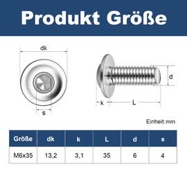 Pack of 20 M6 x 35 mm Rounded Head Screws with Flange Hexagon Socket Drive Stainless Steel A2 V2A Screws Full Thread with Allen Key