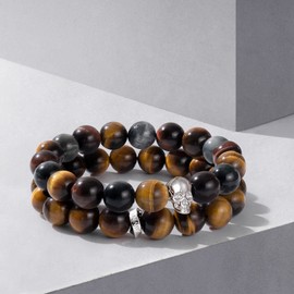 AWNL Men's Double Strand Bracelet Sterling Silver Skull Charm Natural Gemstones Tiger Eye Hawk's Eye Healing Protection Beads Bracelet Gift for Men, 6.3''-6.7''