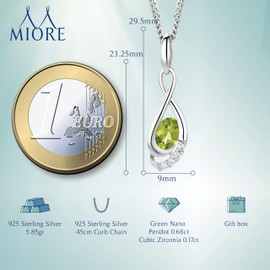 Miore Women's Silver Natural Green Peridot (0.68 Ct) Brilliant Cut Cubic Zirconia Gems Pendant Necklace 925 Sterling Silver 45cm Long Chain Birthstone