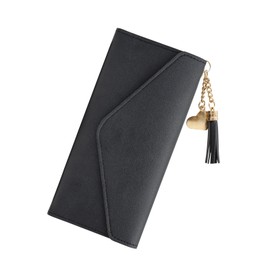 AfitLulu Trifold Wallet for Women, Women's Wallets with Heart Pendant Tassel, PU Leather Long Slim Women’s Wallet Clutch Card Holder, Coin Slot (Black)