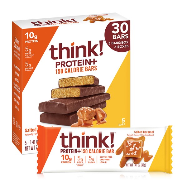 think! Protein Bars with Chicory Root for Fiber, Digestive Support, Gluten Free with Whey Protein Isolate, Salted Caramel, Snack Bars without Artificial Sweeteners, 1.4 Oz (30 Count)