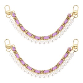 uxcell 2Pcs 10.2'' Pearl Purse Double Chain, Metal Purse Extender Chain, PU Leather Double Handle Wrist Chain, Purse Handbag Strap Replacement Chain (Purple, Gold Chain)