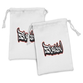 Ambesonne Brandon Fabric Pouch Set of 2, Urban Street Culture Hip-hop Theme Lettering Individual Name Design, Small Drawstring Bag for Toiletries Masks and Favors, 9" x 6", Vermilion White