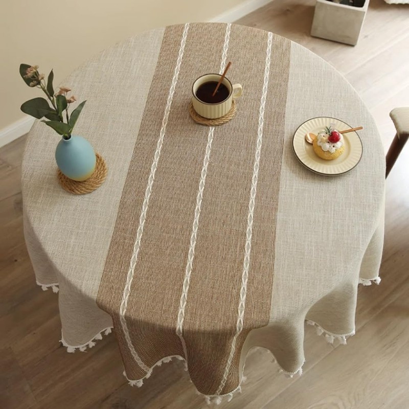 Nesrefyn Round Tablecloth 55 Inch (140cm) - Coffee Linen-Look Polyester