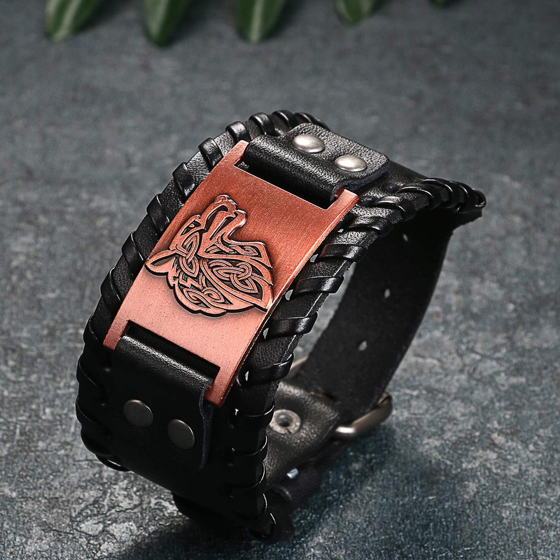 Flongo Leather Bracelet Men's Large Leather Bracelet Men's Bangle Viking