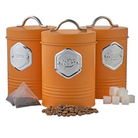 Cooks Professional 3 Piece Storage Canister Set | Labelled Containers for Tea Coffee Sugar | Canisters Sets for Kitchen Accessories & Essentials | Orange & Silver