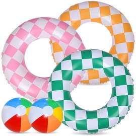 Chennyfun 5 PCS Pool Float Swimming Rings for Kids Adults, Lattice Swimming Rings with 2 Beach Balls, Rubber Ring Tube Water Pool Summer Toys for Beach Pool Party