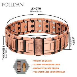 POLLDAN Copper Bracelet For Men with 6200 Gauss Power | Pure Copper Mens Magnetic Bracelets | Adjustable Copper Ankle Bracelet | Adorable Gift Box and Sizing Tool (3X Power Pure Copper)