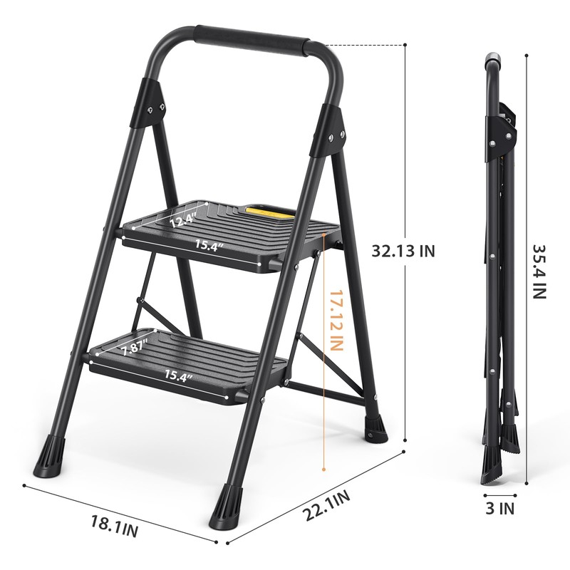 TOOLF 2 Step Ladder, Sturdy Steel Step Stool with Anti-Slip