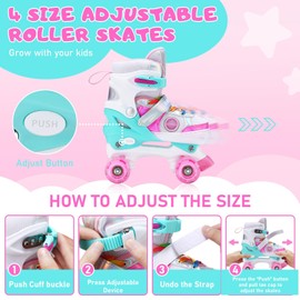 Kids Roller Skates for Girls Todders Kids Beginner, 4 Size Adjustable Roller Skates with Light Up Wheels for Indoor Outdoor Skating (Colorful Pink, Medium(2-5))