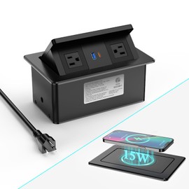 Pop Up Outlet for Countertop with 20W USB C, Pop up Power Outlet with 15W Wireless Charging, 2 AC Outlets and 18W USB A Ports, Recessed Power Strip with 6FT Cords for Office, Conference, Bedroom,Black