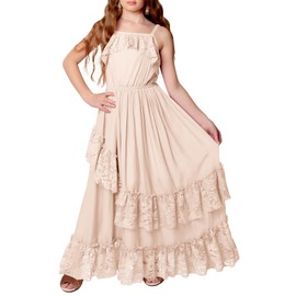 MITILLY Girls Boho Lace Flower Dresses Square Neck Sleeveless Ruffle Tiered Flowy Party Maxi Dress with Pockets 6 Years Cream