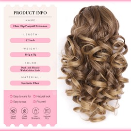 12 Inch Ponytail Extension - Clip in Ponytail Hair Extensions, Curly Wavy Pony Tails Hair Extensions, Synthetic Claw Clip Ponytail Extension for Women (Color: Dark Ash Blonde With Golden Ends)