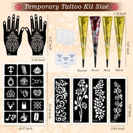Temporary Tattoo Stencils Kit - 4 Pcs Tattoo Cones 3 Colors Ink (Brown,2* Black,Maroon) |Tattoo Stencils Kit Includes Reusable Stencils, & Gloves | DIY Body Art for Kids & Adults Party Gifts