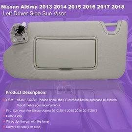 NHILES Left Driver Side Sun Visor Compatible with Nissan Altima 2013 2014 2015 2016 2017 2018 with Light, Without Sunroof 96401-3TA2A Color Gray