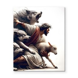 Jesus Protecting the Lamb Canvas Wall Art Decor - 24X30 inch Powerful Religious Artwork, Depicting Jesus Saving a Lamb from Wolves, Christian Inspirational Print, Prayer Room or Church Canvas Decor