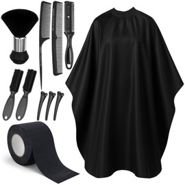obeoby Professional 10 in 1 Barber Kit, Hair Cutting Cape Neck Duster Brush Combs, Clips & Cleaning Supplies for Salon & Home Styling (Black)