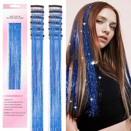 Blue Tinsel Hair Extensions Hair Tinsel 12 Pcs Clip In Tinsel Hair 20 Inch Tinsel Hair Clip In Tinsel Hair Accessories For Girls Glitter Tinsel Hair Extensions For Party (12Pcs,Sapphire Blue#)